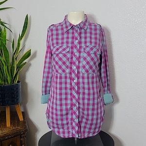 H&M L/S Plaid Flannel Size 2 SMALL- Purple and Teal Longsleeve Shirt
